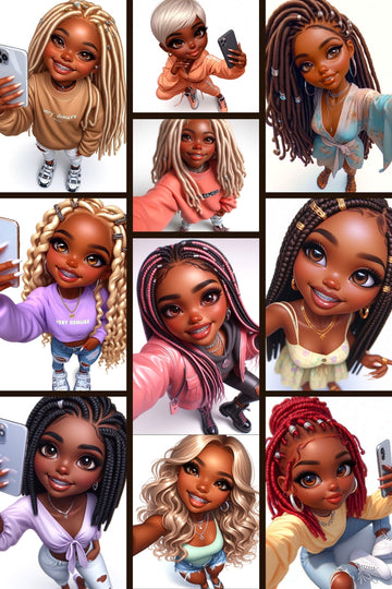 10 Chibi Fashionista Clipart Bundle – Diverse Black Women with Bold Hairstyles and Trendy Fashion for Print-On-Demand