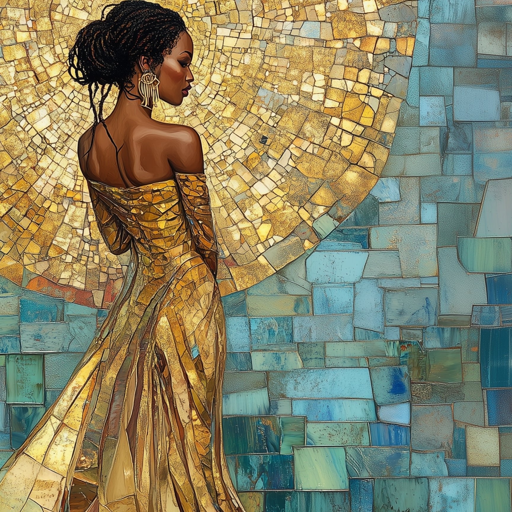 Golden Mosaic Majesty - Black Woman in a Glistening Gown Digital Art Golden Mosaic Majesty - Black Woman in a Glistening Gown Digital Art