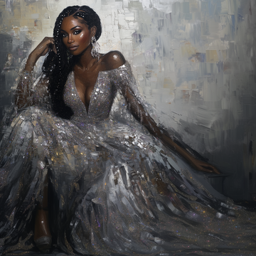 Ethereal Elegance - Black Woman in Glittering Silver Gown Digital Art