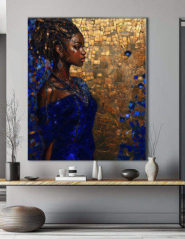 Mosaic Elegance: A Black Woman's Grace in Blue and Gold