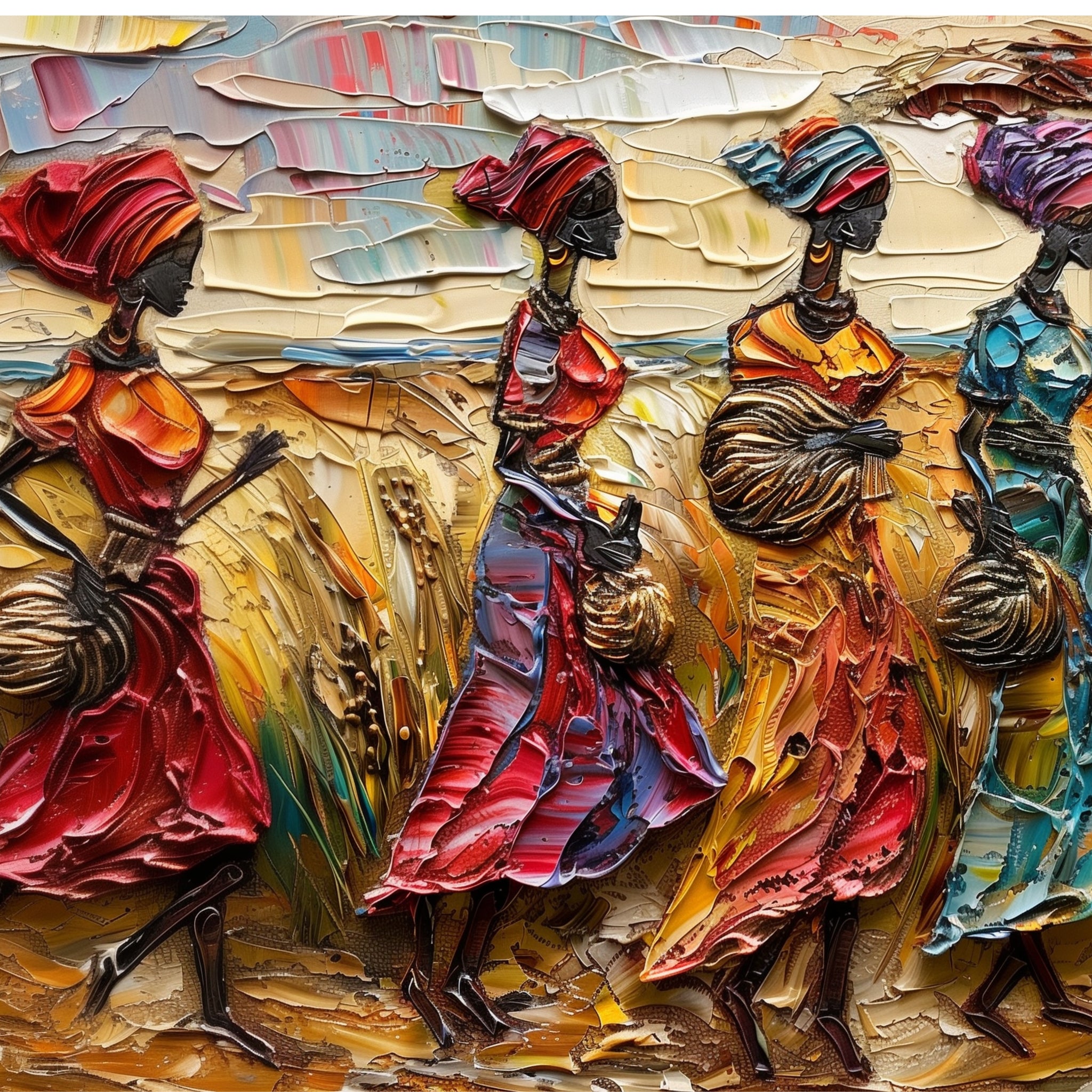 Graceful African Market Scene - Textured Oil Painting