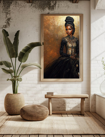 Regal Essence - Black Woman in Ornate Attire 3D Textured Oil Painting