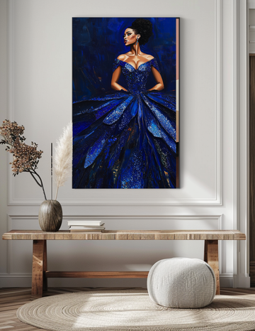 Midnight Majesty - Black Woman in Royal Blue Gown Digital Art