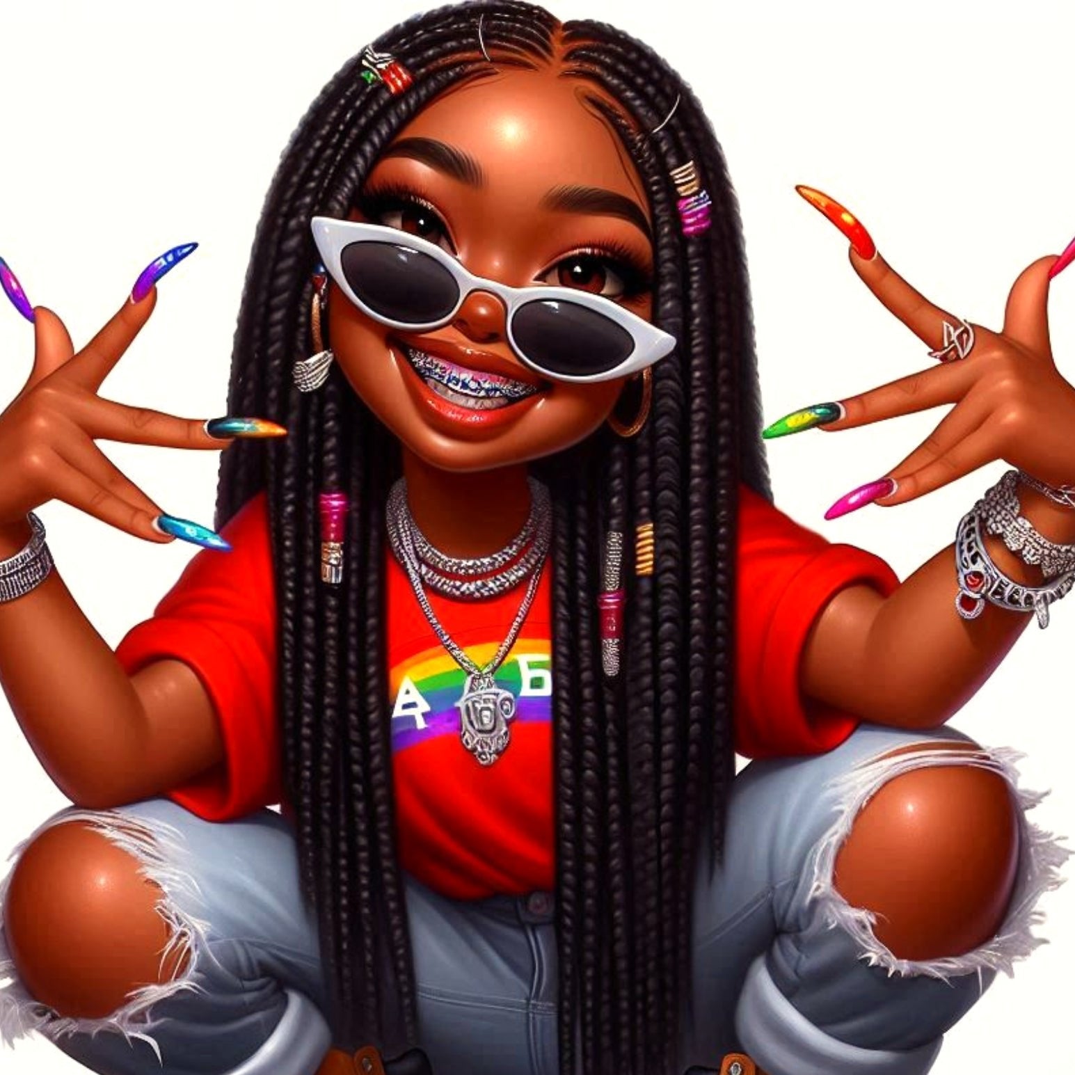 Fun and Funky Chibi Melanin Queen | Rainbow Nails and Braces | Digital Art Print, Chibi women, chibi download, chibi character, chibi girls