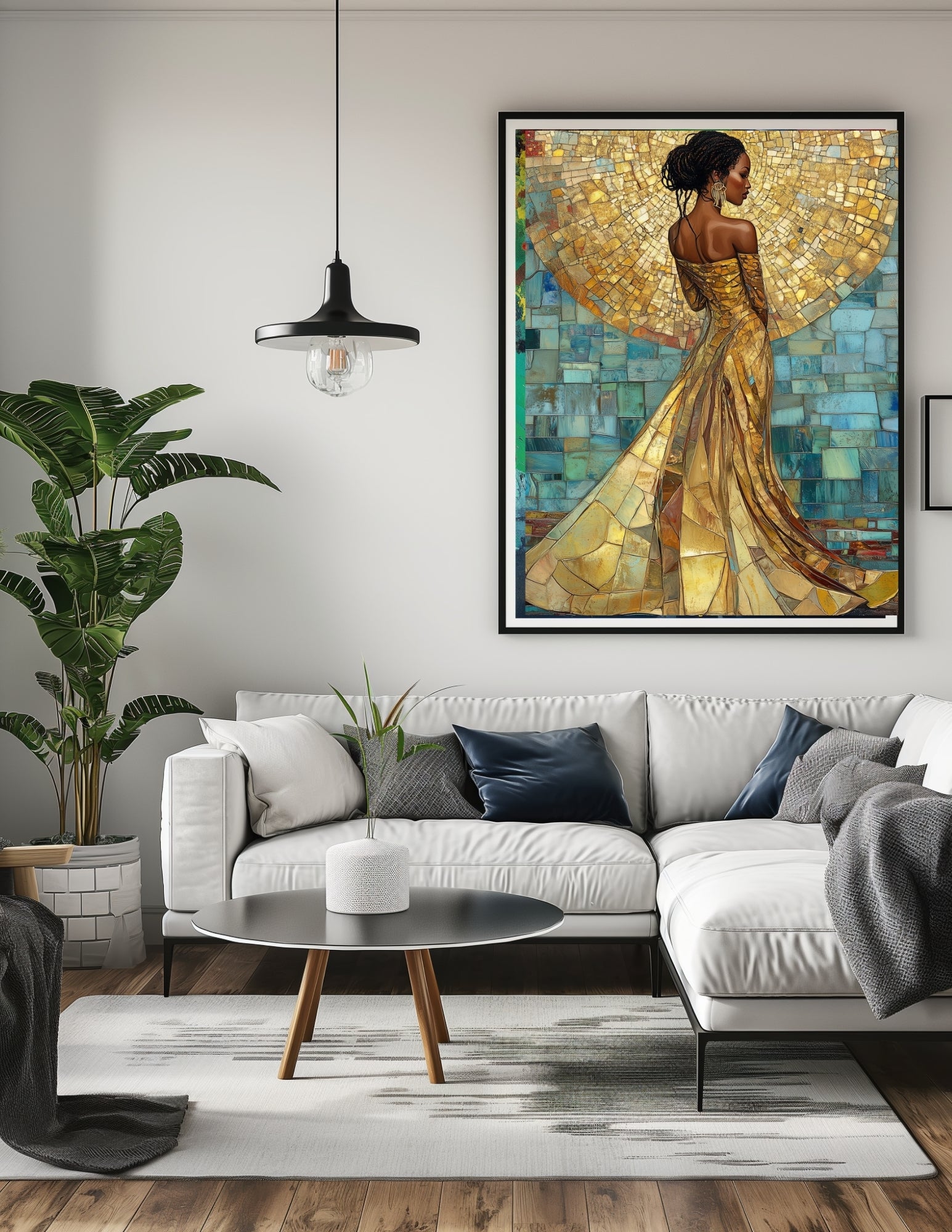Golden Mosaic Majesty - Black Woman in a Glistening Gown Digital Art