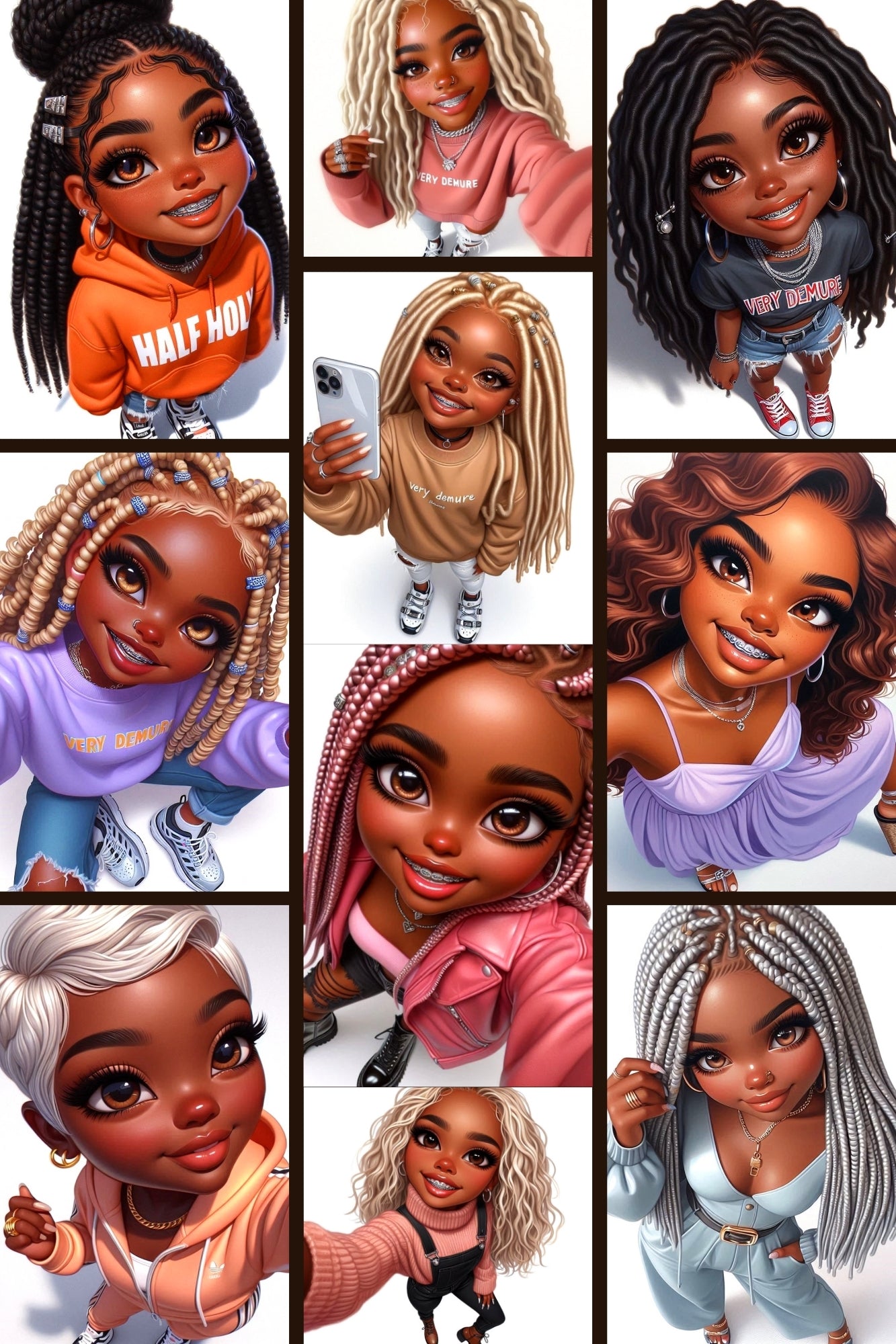 10-Piece Chibi Fashionista Clipart Set – Stylish Black Women in Trendy Attire for Print-On-Demand