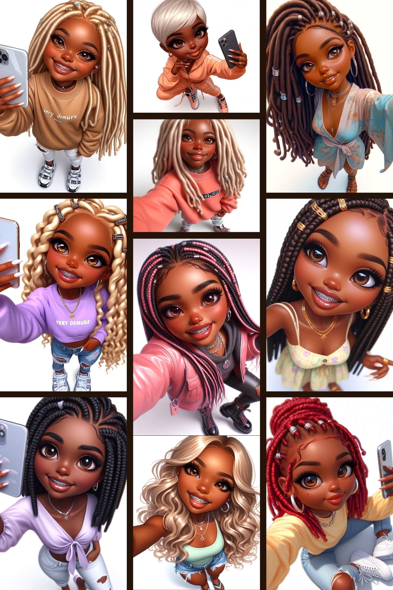 10 Chibi Fashionista Clipart Bundle – Diverse Black Women with Bold Hairstyles and Trendy Fashion for Print-On-Demand