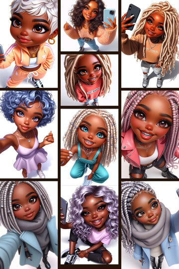 10 Chibi Fashionista Clipart Pack – Stylish Black Women in Trendy Outfits for Print-On-Demand