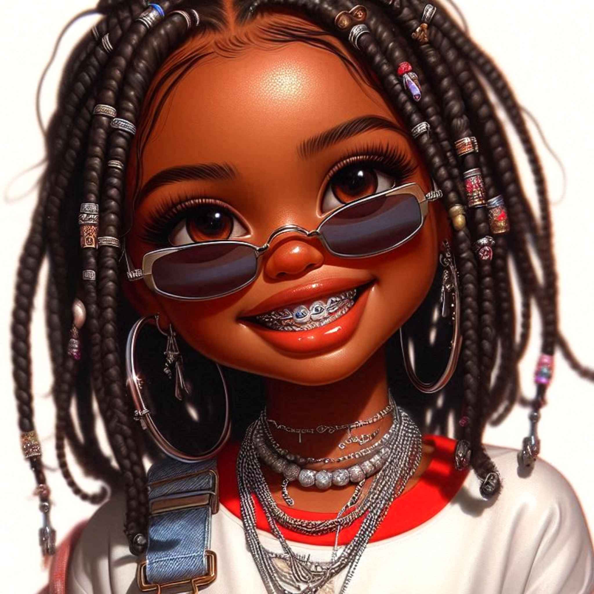 Adorable Chibi Melanin Queen | Retro Overalls and Sunglasses | Digital Art Print, chibi teen, chibi woman, chibi girl ,chibi sublimation