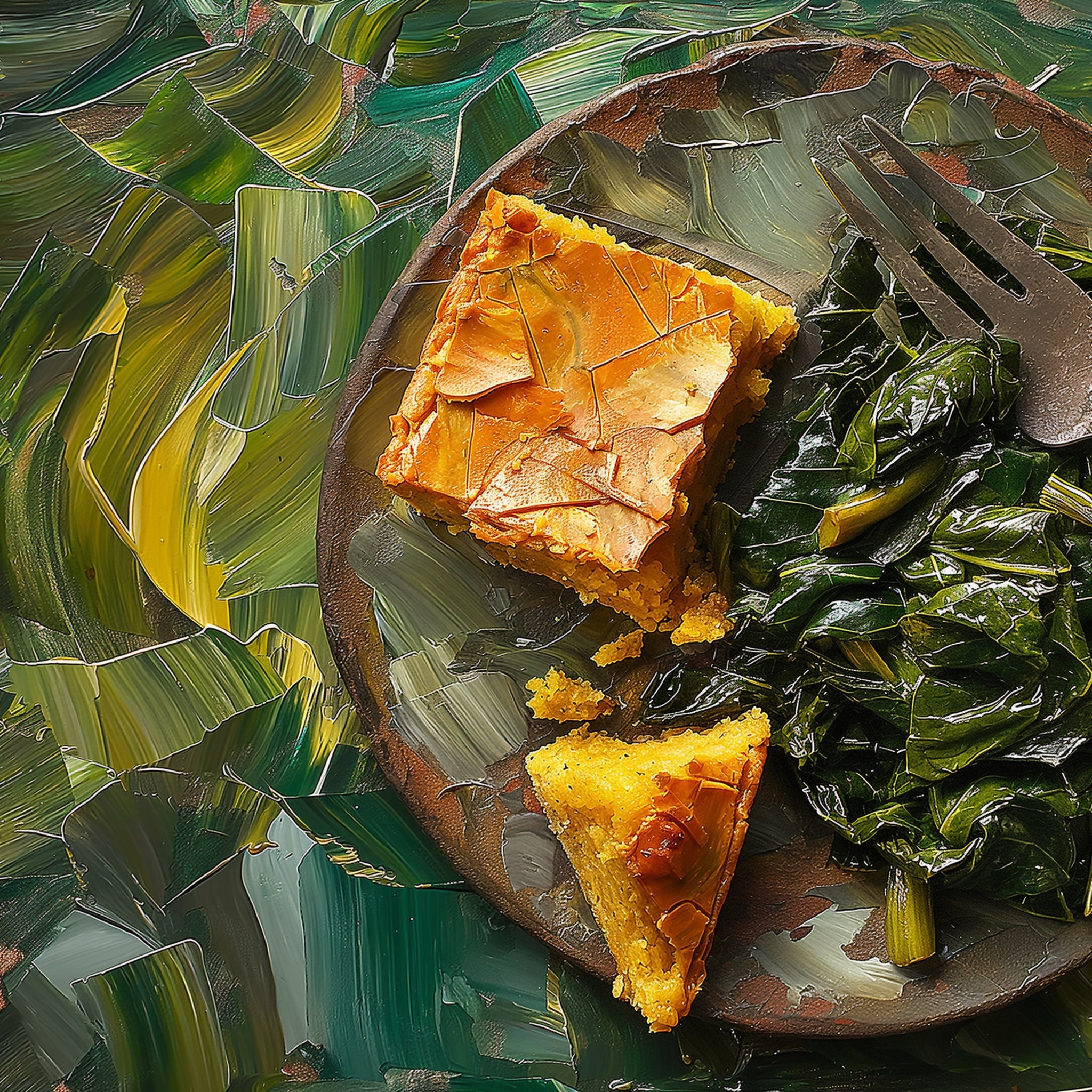 Southern Soul Food Still Life: Collard Greens and Cornbread Delight