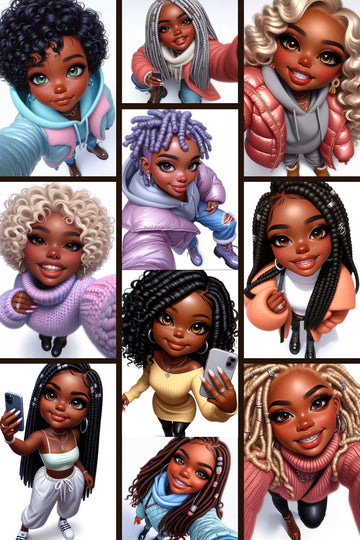 10-Piece Winter Chibi Fashionista Clipart Set – Stylish Black Women in Cozy Outfits for Print-On-Demand