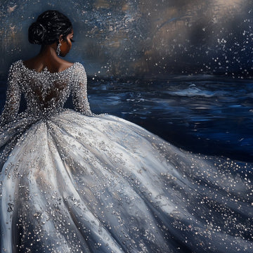 Celestial Elegance - Black Woman in a Glittering Silver Gown Digital Art