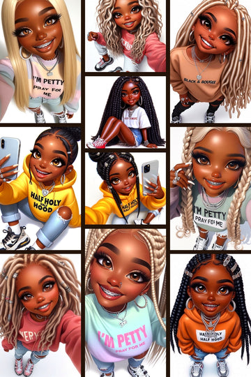 10-Piece Selfie Chibi Fashionista Clipart Bundle – Trendy Black Women with Stylish Attire for Print-On-Demand