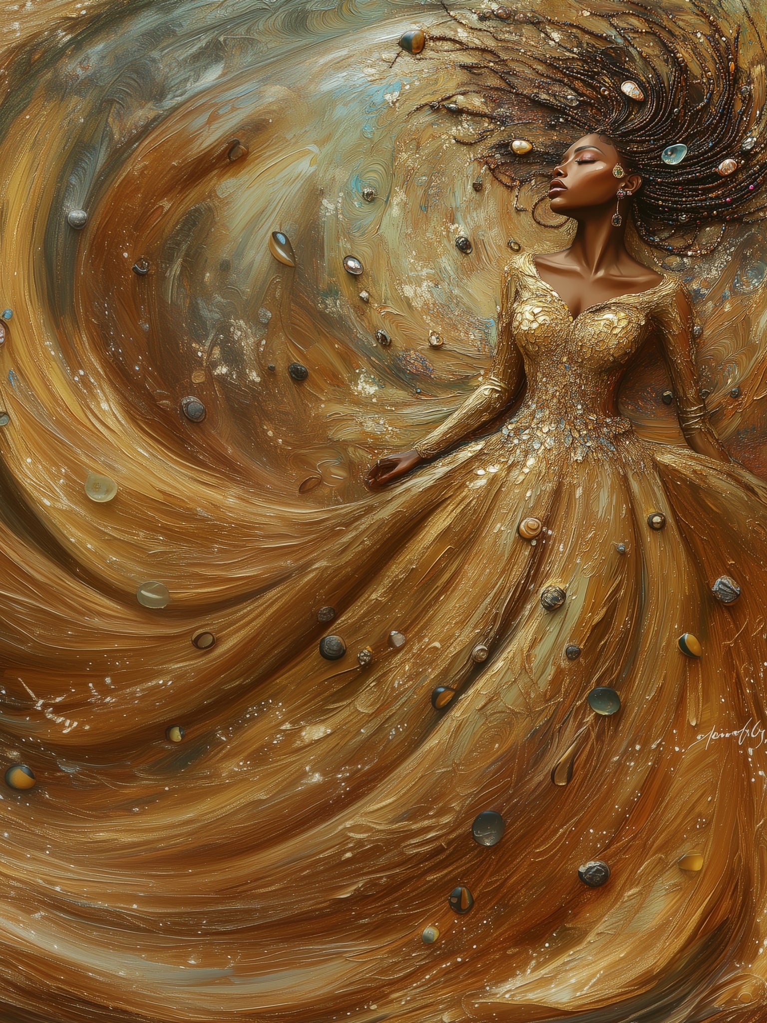 Golden Essence - Black Woman in Swirling Gold Gown 3D Oil Painting