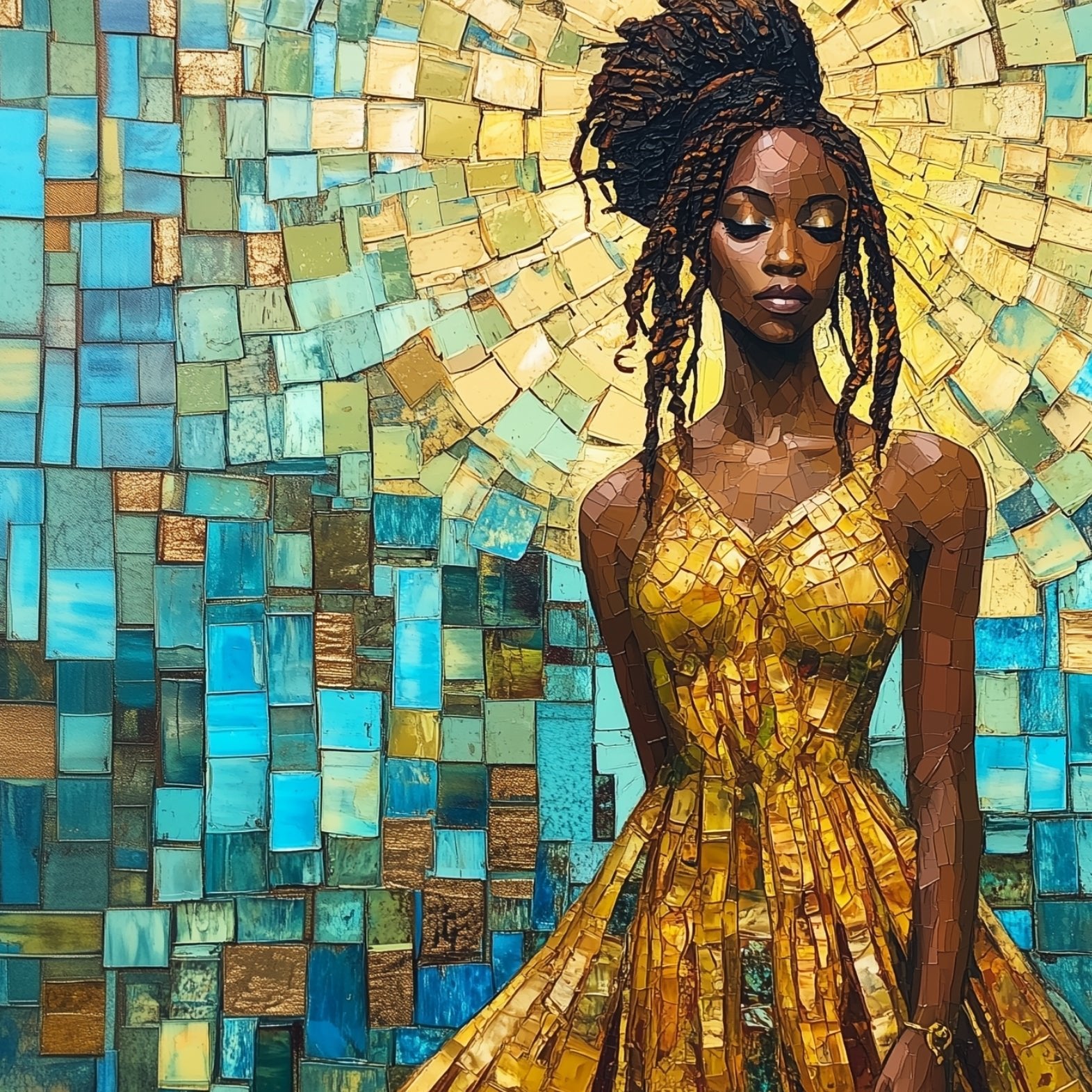 Golden Glow: Radiant Mosaic Art of Black Woman in Yellow Gown"