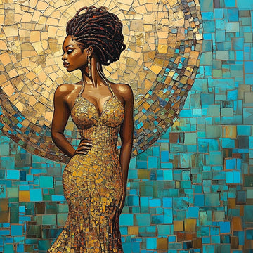 Golden Mosaic Elegance - Black Woman in a Radiant Gown Digital Art