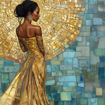 Golden Mosaic Majesty - Black Woman in a Glistening Gown Digital Art