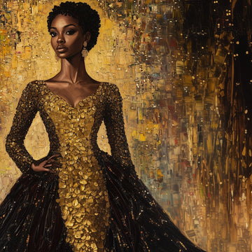 Golden Radiance - Black Woman in Textured Gown Digital Art