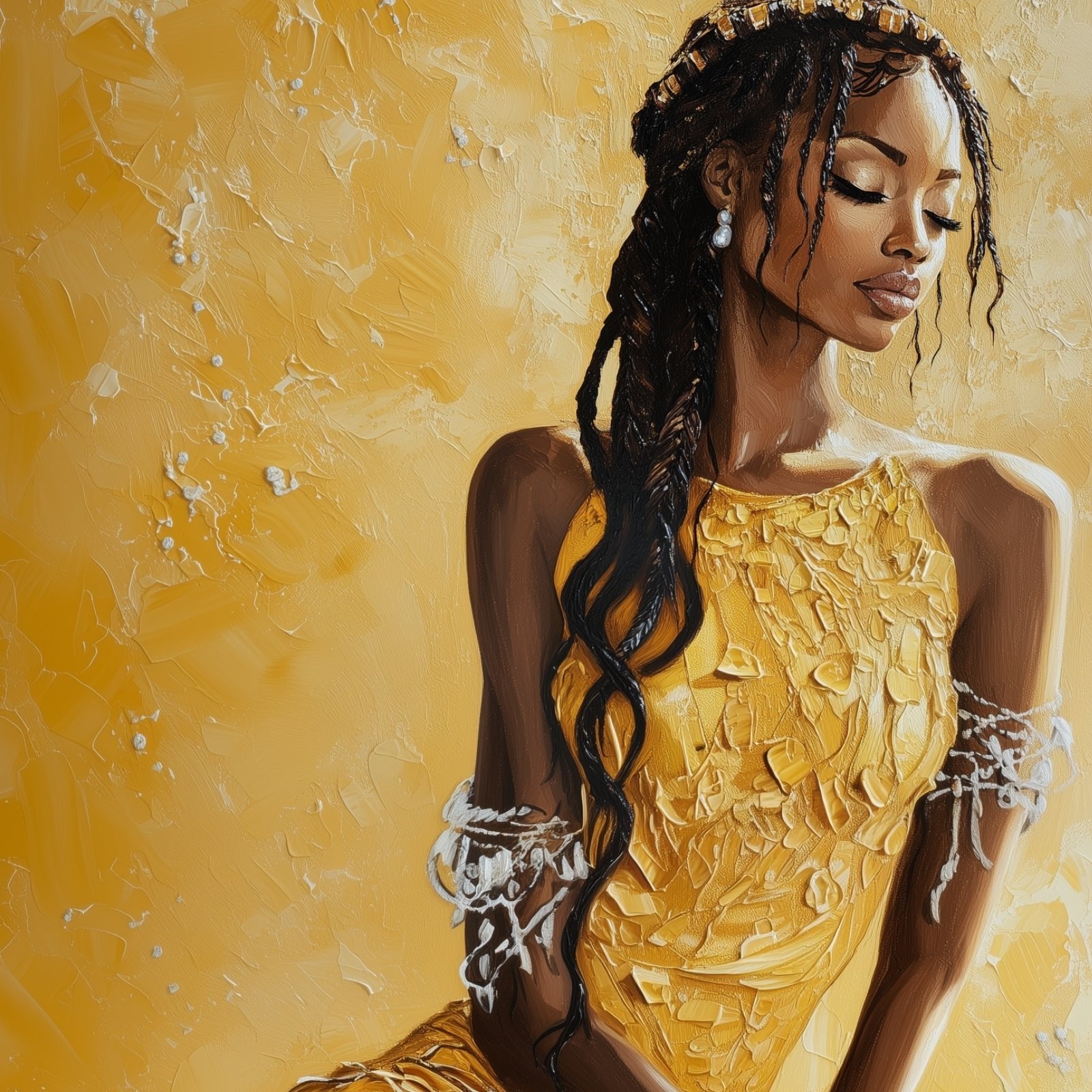 Golden Serenity - Minimalist Acrylic Depiction of a Black Woman