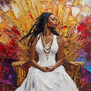 Majestic Throne - Black Woman in White Gown 3D Acrylic Painting