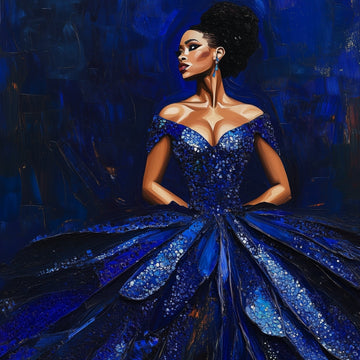 Midnight Majesty - Black Woman in Royal Blue Gown Digital Art