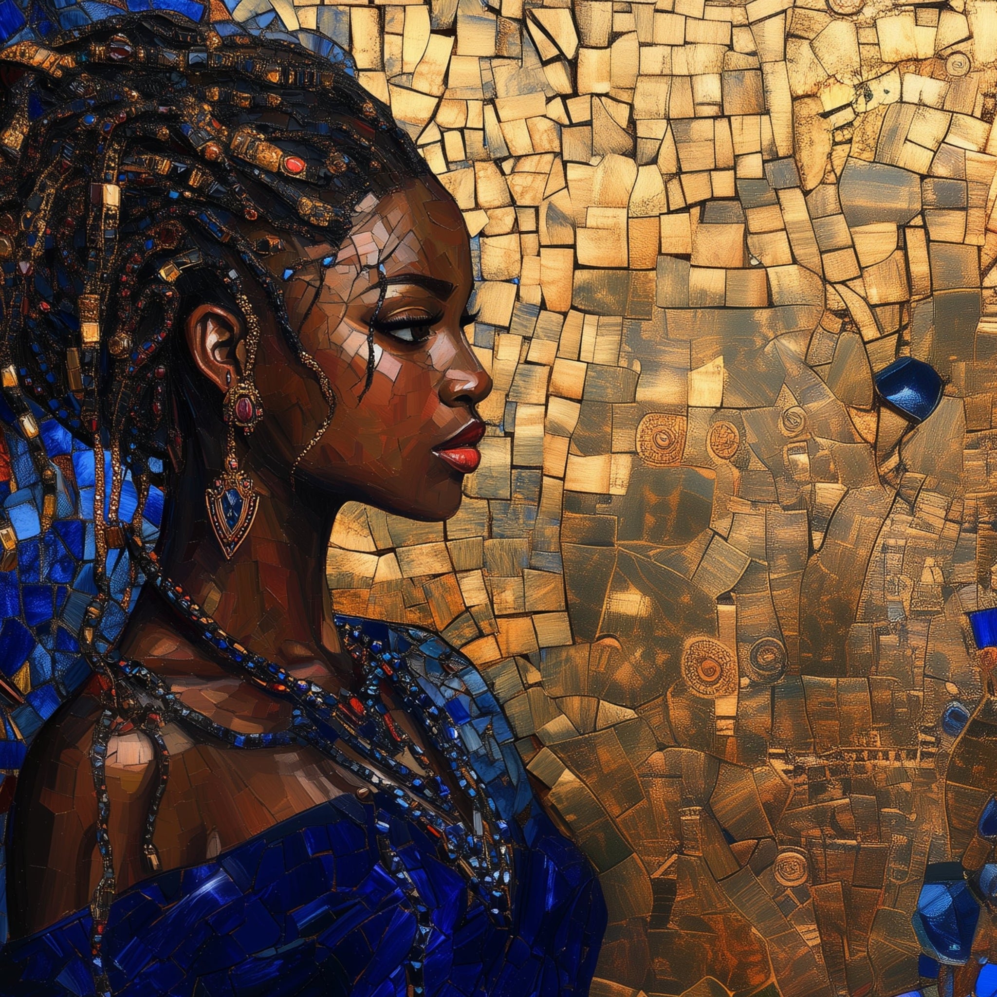 Mosaic Elegance: A Black Woman's Grace in Blue and Gold