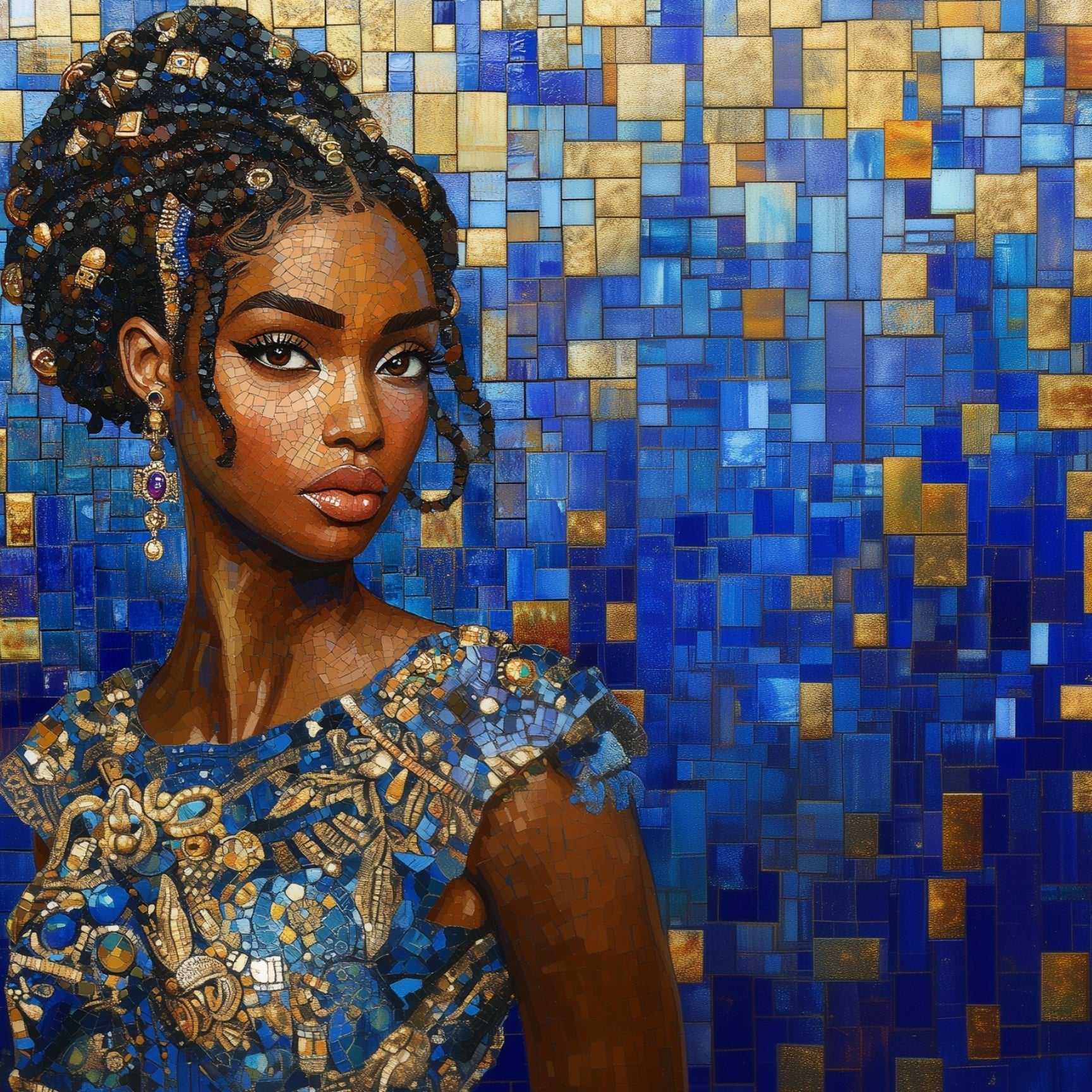 Mosaic Majesty: A Celebration of Black Femininity in Blue and Gold