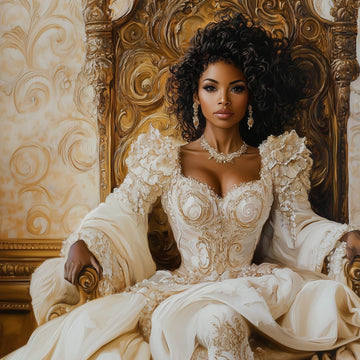 Regal Majesty - Black Woman in Ornate Ivory Gown 3D Oil Painting