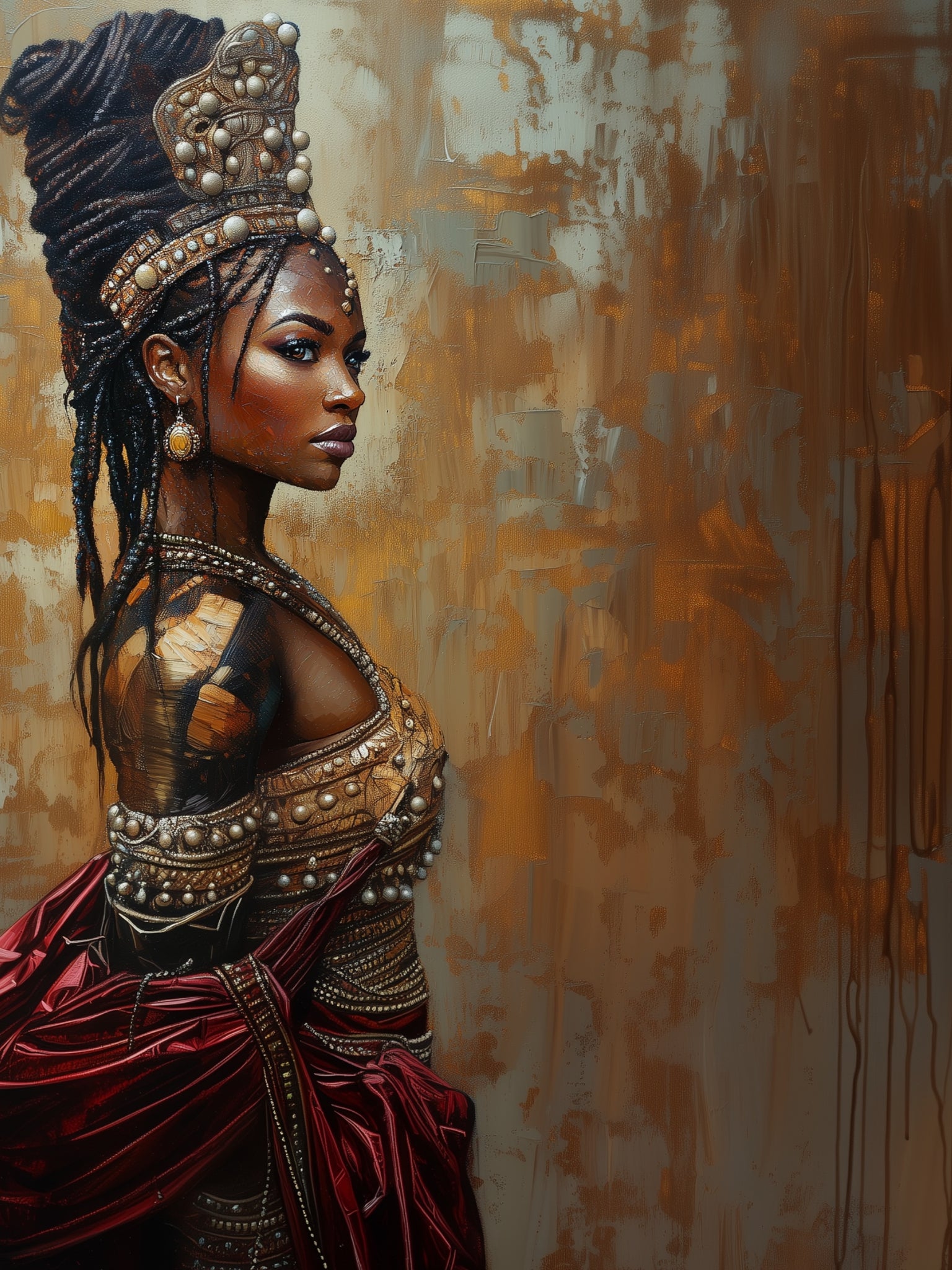 Regal Warrior Queen - 3D Textured Oil Painting of Black Woman in Royal Adornment