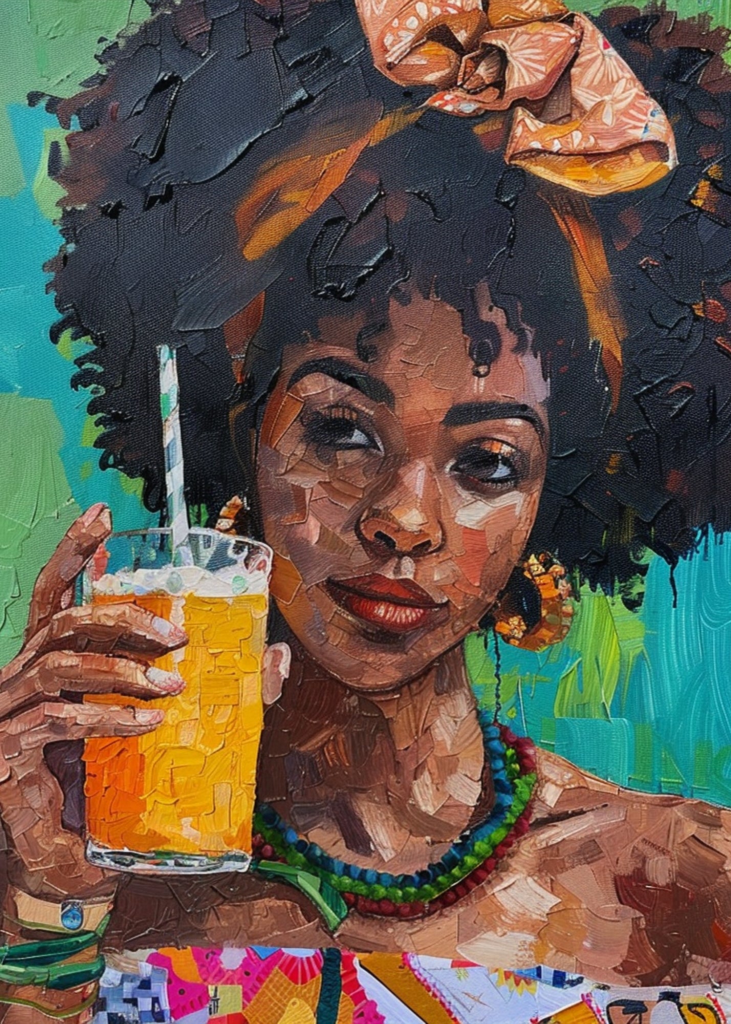 Vibrant Sips - 3D Acrylic Painting of Afro Beauty