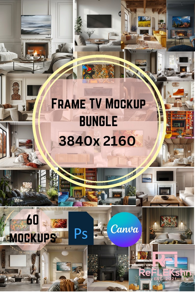 60 Professional Frame TV Mockup Bundle:16x9 Ratio, Interior Horizontal Mockup, PSD & JPEG Files with Smart Object Layer Frame tv art