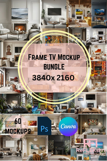 60 Professional Frame TV Mockup Bundle:16x9 Ratio, Interior Horizontal Mockup, PSD & JPEG Files with Smart Object Layer Frame tv art