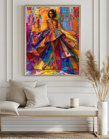 Bold Afro-Chic Fashionista | Rainbow Cascade Gown | Digital Art Print Digital Download Black Woman Wall Art Digital Art Black Art Printable