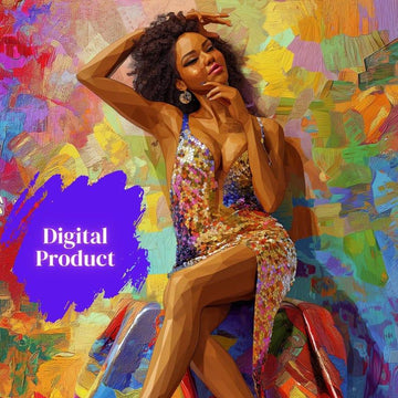 Elegant Afro-Expressionist Portrait | Sequin Gown and Vibrant Background | Digital Art Print