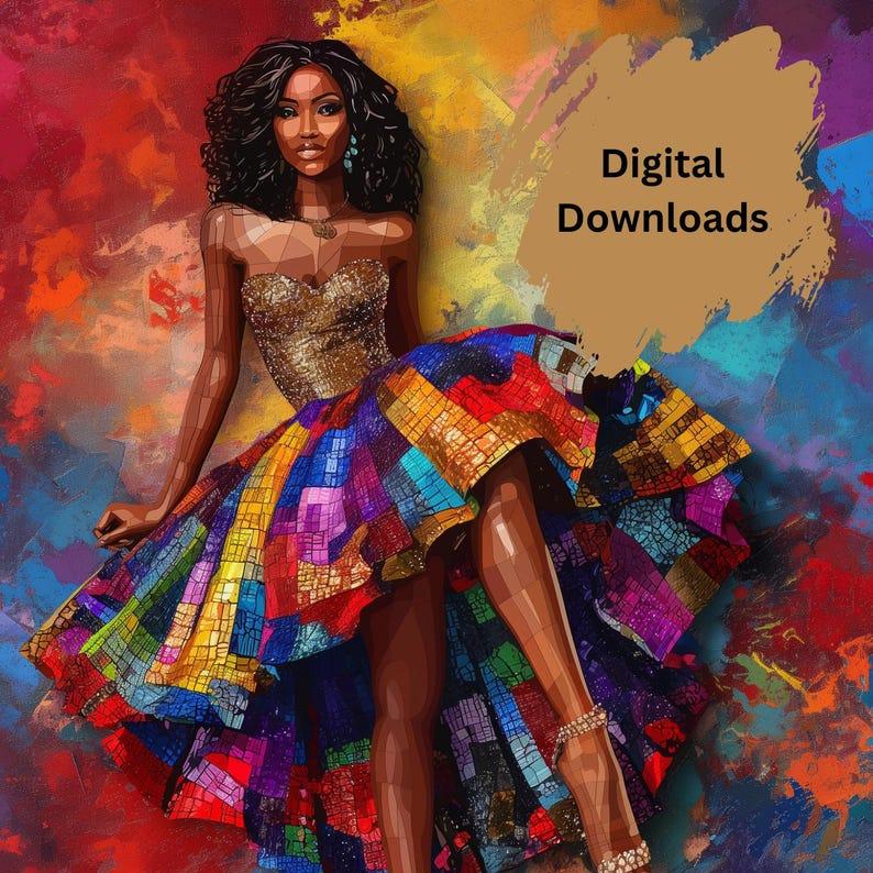 Vibrant Mosaic Dress Diva Bold Afrocentric Fashion Art Digital Art Print, 3d acrylic, printable art Acrylic Painting for Modern Home