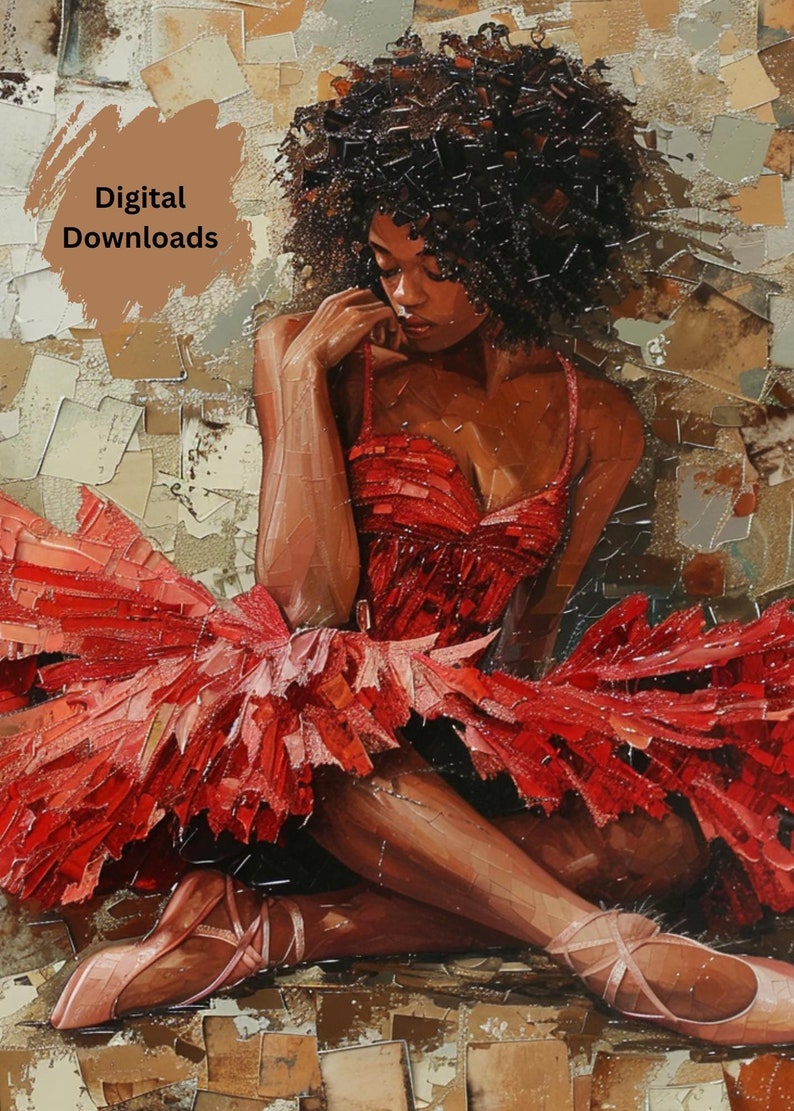 Elegant Mosaic Ballerina in Red Dress - Mixed Media Art Print