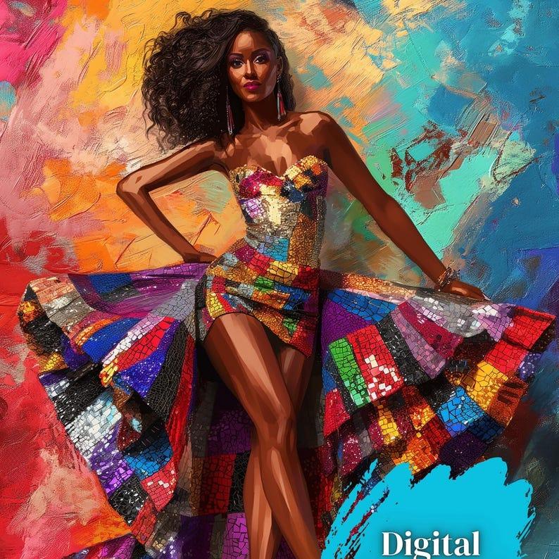 Vibrant Afro-Bohemian Queen | Colorful Mosaic Gown | Digital Art Print 3D Acrylic download, acrylic painting, 3D Acrylic print,