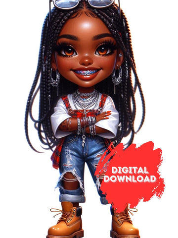 Stylish Chibi Melanin Queen | Braces and Braids | Digital Art Print