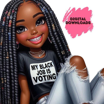 Empowered Chibi Melanin Queen | My Black Job is Voting | Digital Art Print, Chibi Girl, Kamala Harris, My black job is voting, Tim Walz