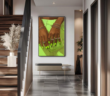 Vibrant Neon Green Nails on Brown Hands with Diamond Rings and Bangles Illustration - Sublimation Design