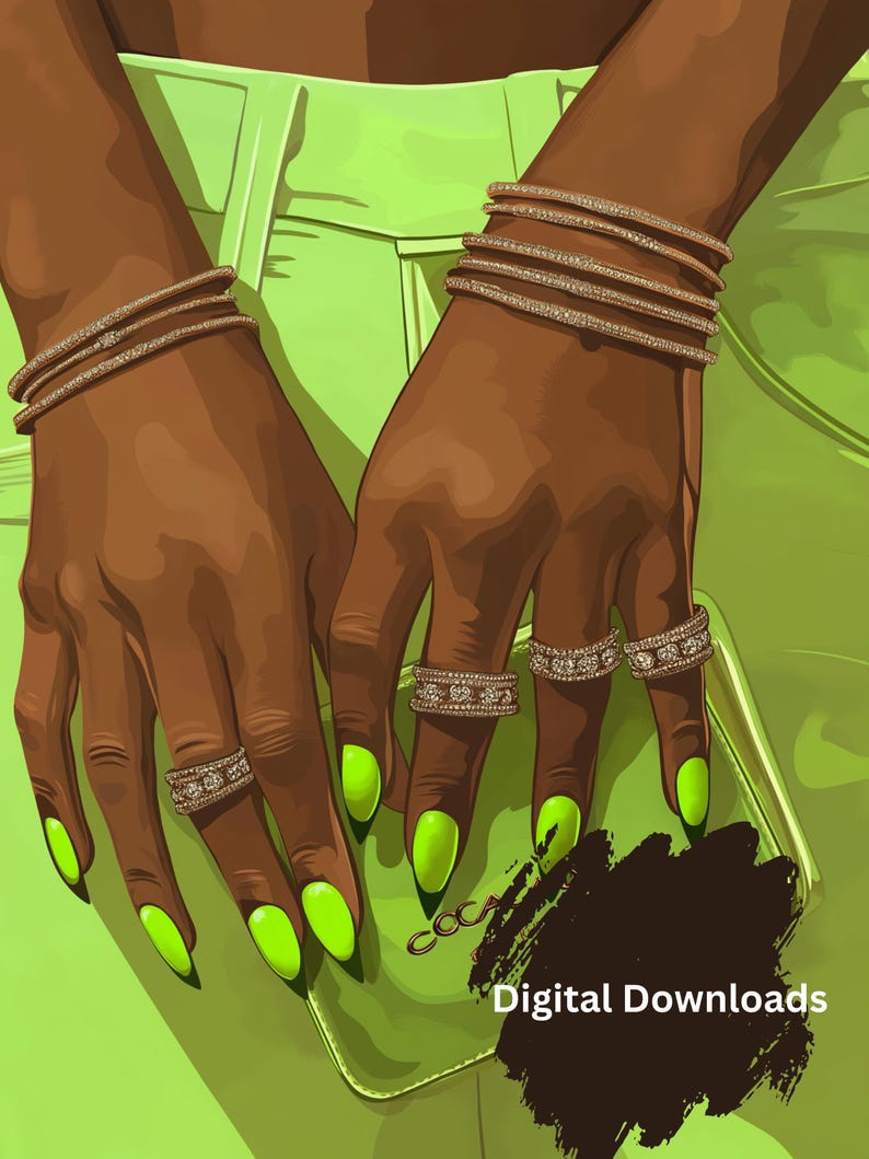 Vibrant Neon Green Nails on Brown Hands with Diamond Rings and Bangles Illustration - Sublimation Design