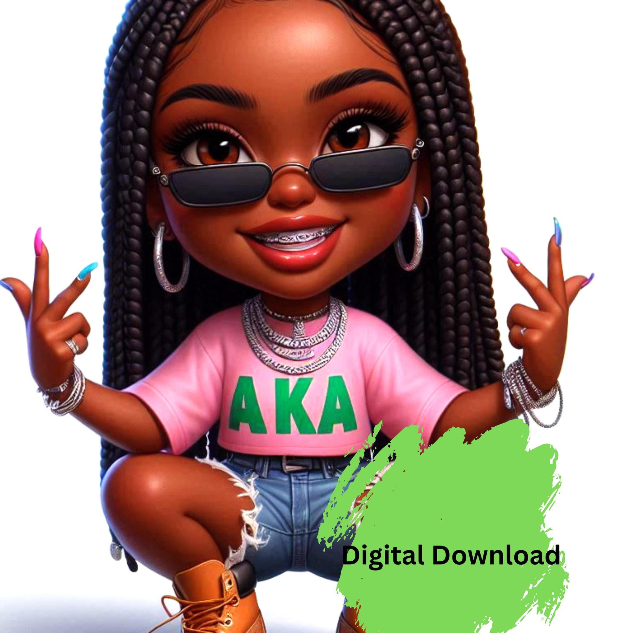 Chibi Digital Art - AKA Sorority Girl with Braids and Timberland Boots - Instant Download chibi woman chibi girl chibi teen chibi art