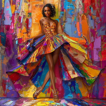 Bold Afro-Chic Fashionista | Rainbow Cascade Gown | Digital Art Print Digital Download Black Woman Wall Art Digital Art Black Art Printable